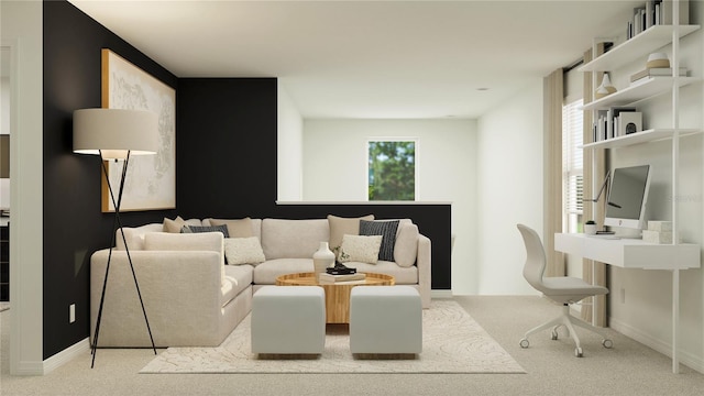 living room featuring carpet and baseboards