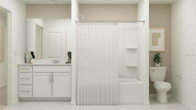 bathroom featuring baseboards, toilet, shower / tub combo with curtain, tile patterned floors, and vanity