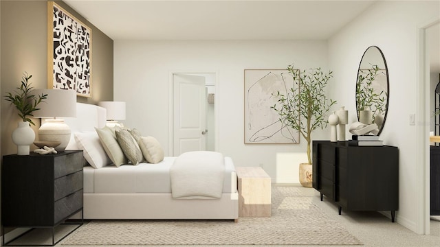 bedroom featuring light colored carpet and baseboards