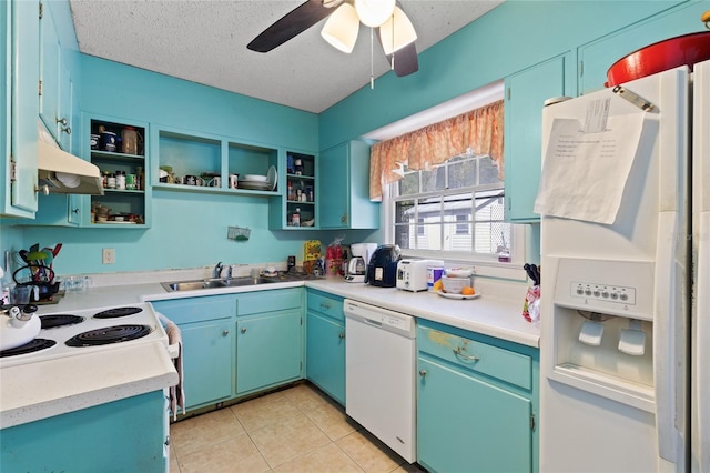 kitchen featuring a textured ceiling, under cabinet range hood, white appliances, a sink, and open shelves