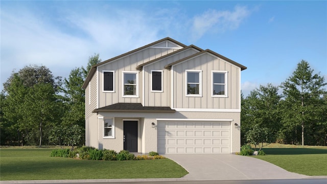 view of front of property featuring driveway, a garage, roof with shingles, board and batten siding, and a front yard