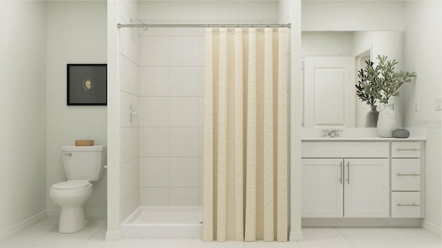 bathroom featuring toilet, vanity, baseboards, a shower stall, and tile patterned floors