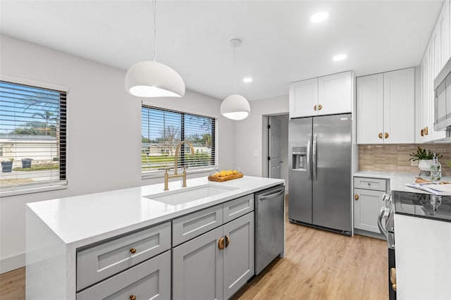 kitchen featuring tasteful backsplash, light countertops, gray cabinetry, appliances with stainless steel finishes, and a sink