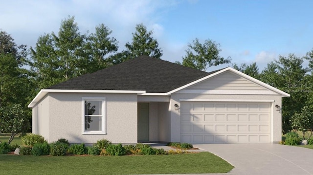 ranch-style house featuring roof with shingles, stucco siding, a garage, driveway, and a front lawn