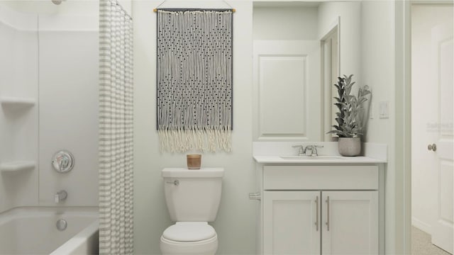 full bathroom featuring shower / bathtub combination with curtain, vanity, and toilet