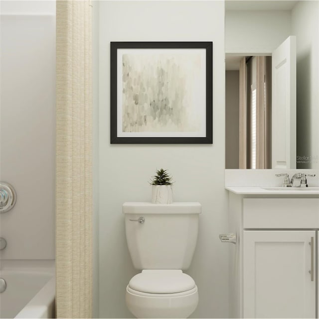 bathroom featuring toilet, shower / bathtub combination with curtain, and vanity