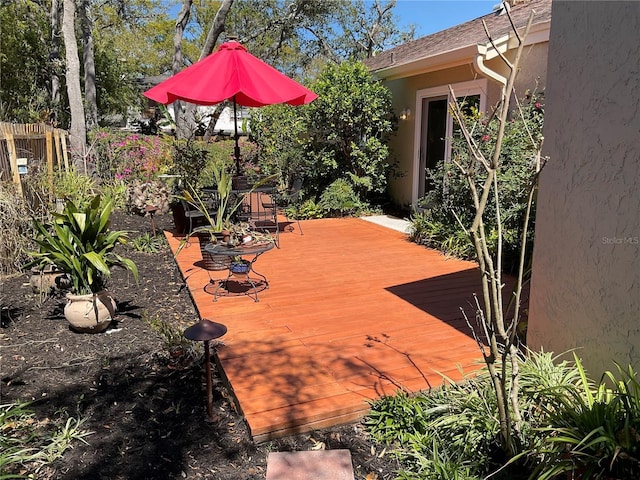 wooden terrace featuring fence