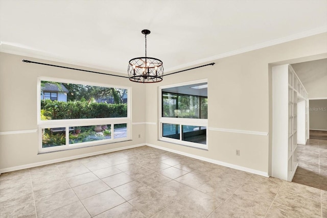 11712 Palmer Dr, Tampa, FL 33624 - unfurnished dining area with tile patterned floors, a chandelier, and crown molding