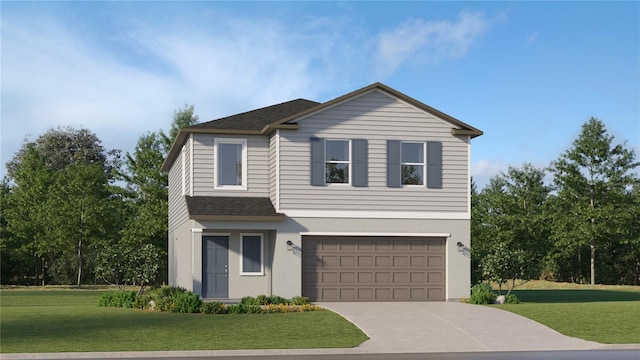 view of front of house featuring a shingled roof, a front yard, concrete driveway, and an attached garage