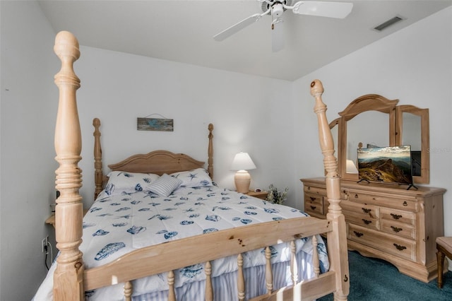 bedroom with a ceiling fan, visible vents, and carpet flooring