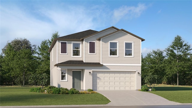 view of front facade featuring driveway, a shingled roof, an attached garage, and a front yard