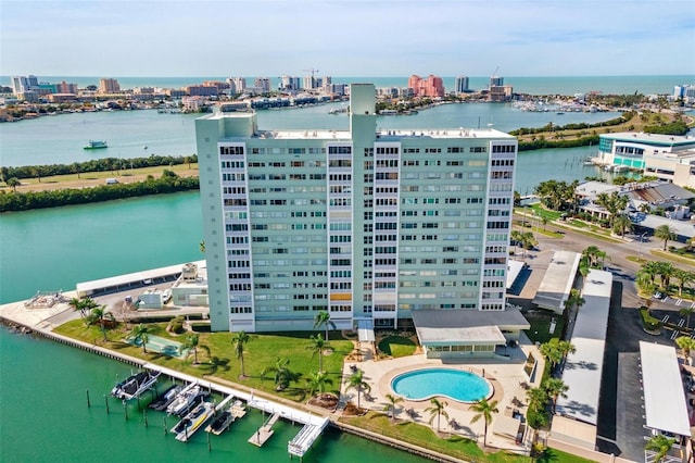 bird's eye view with a water view and a view of city