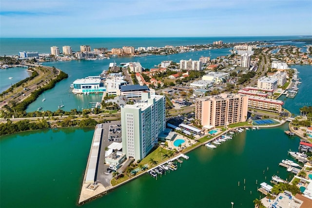 aerial view featuring a city view and a water view