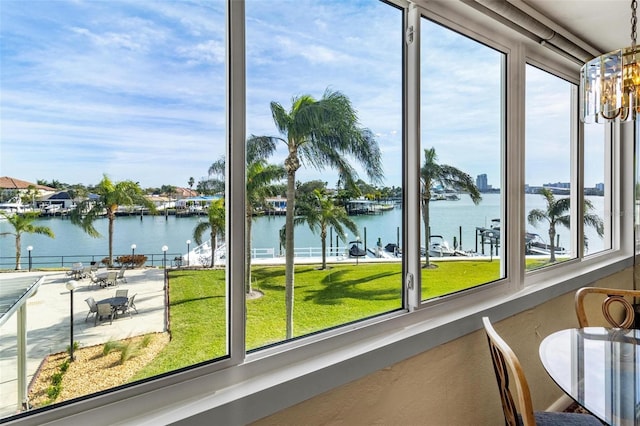 interior space with a water view and a wealth of natural light