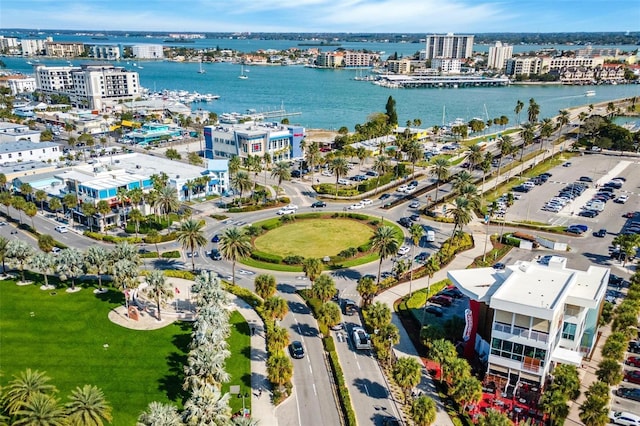 drone / aerial view with a water view and a view of city