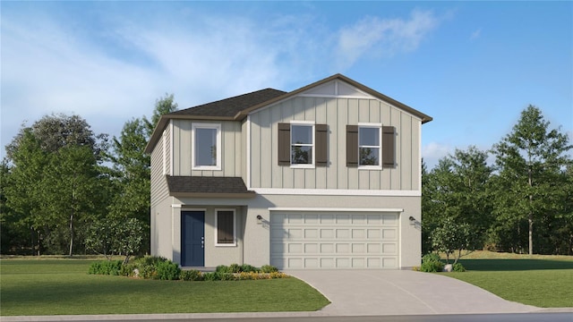 view of front of property with board and batten siding, concrete driveway, an attached garage, and a front lawn