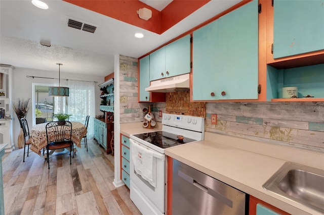 kitchen with light countertops, visible vents, electric range, dishwasher, and under cabinet range hood