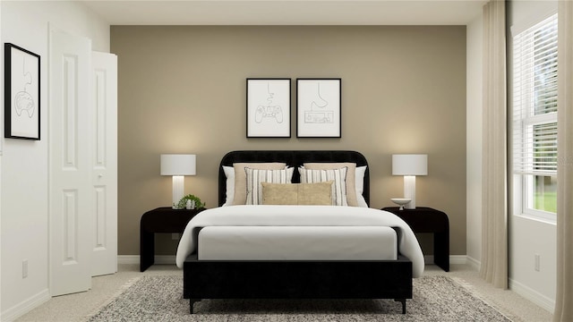 bedroom featuring light carpet and baseboards