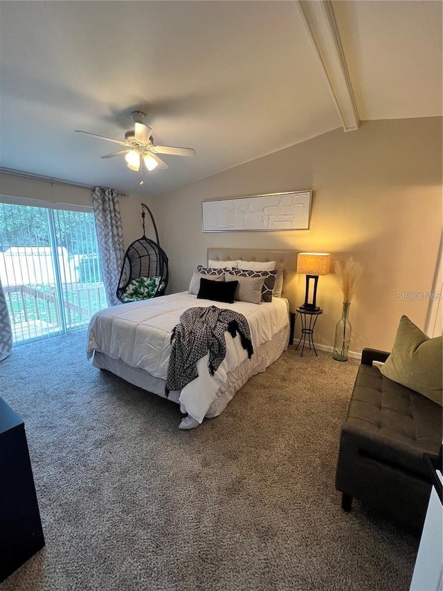 bedroom with lofted ceiling with beams, carpet floors, a ceiling fan, baseboards, and access to outside