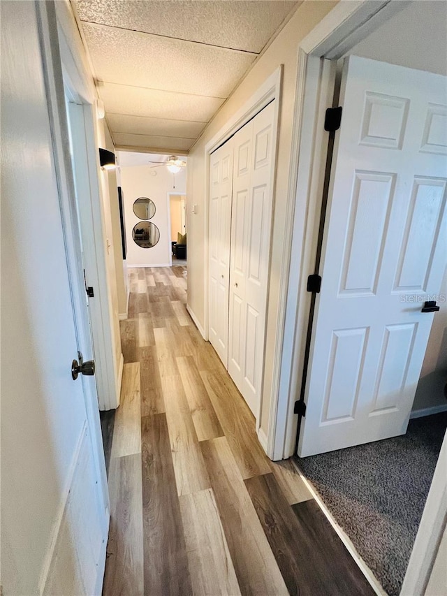 hallway with a paneled ceiling, baseboards, and wood finished floors