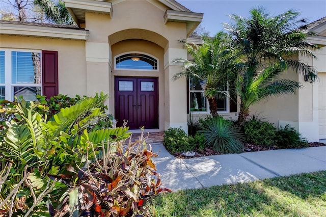 view of exterior entry featuring stucco siding