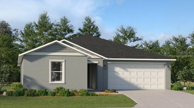 ranch-style home featuring a garage, concrete driveway, roof with shingles, a front lawn, and stucco siding