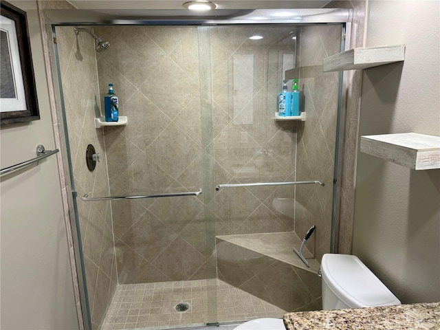 full bathroom featuring toilet, a shower stall, and vanity