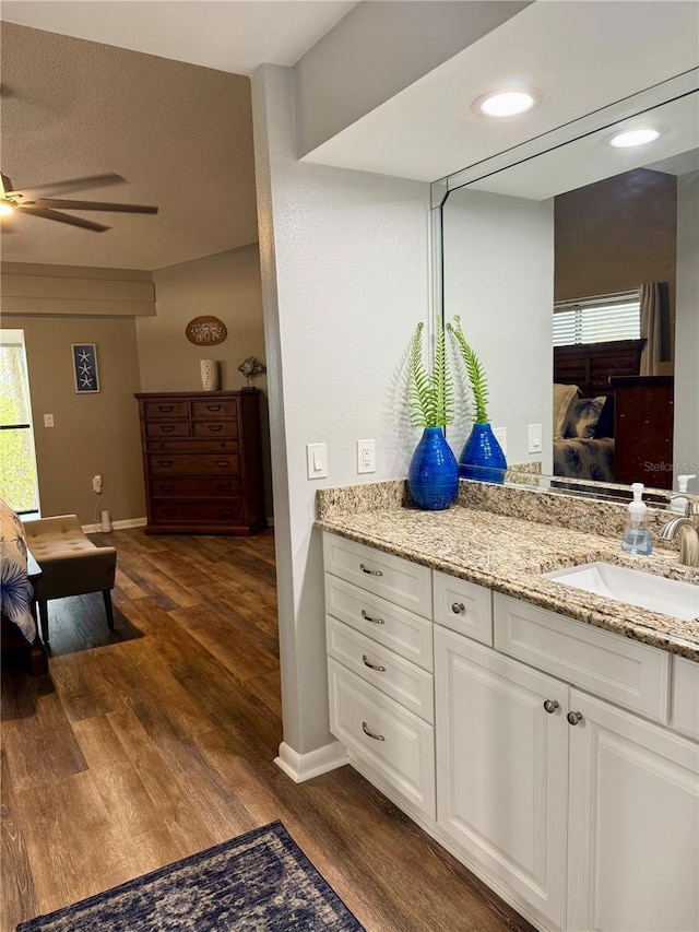 bathroom featuring ensuite bathroom, wood finished floors, vanity, and a healthy amount of sunlight