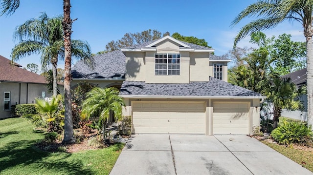 traditional-style house featuring driveway, roof with shingles, a front yard, and stucco siding