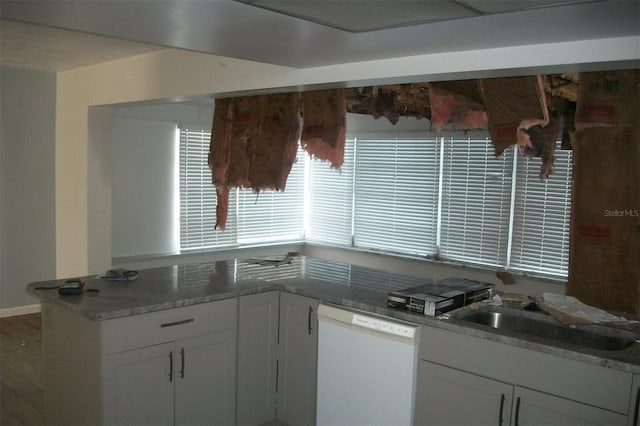 kitchen featuring white cabinetry, white dishwasher, and a sink