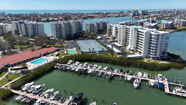 aerial view featuring a water view and a city view