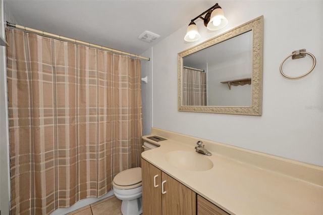 bathroom featuring curtained shower, visible vents, toilet, vanity, and tile patterned flooring