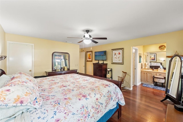 bedroom with dark wood-style floors, ceiling fan, and baseboards