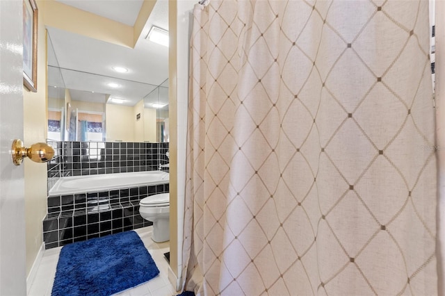 bathroom featuring toilet, curtained shower, tiled bath, and tile patterned flooring