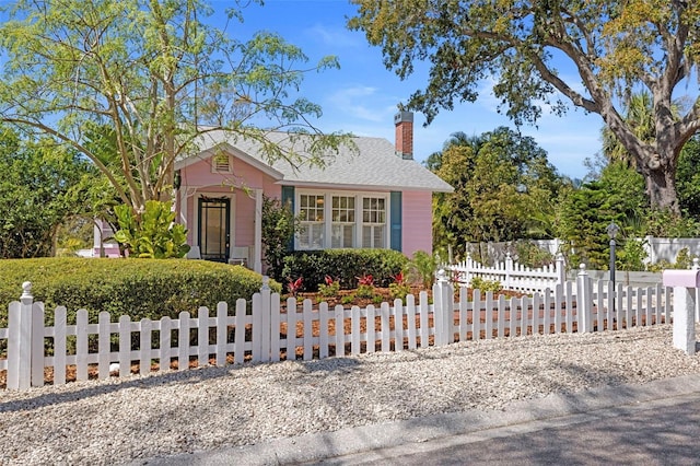 view of front of home featuring a fenced front yard, a chimney, and a shingled roof