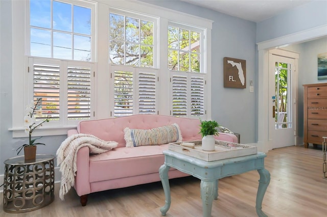 sitting room with a healthy amount of sunlight and wood finished floors