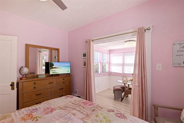 bedroom featuring ceiling fan and wood finished floors