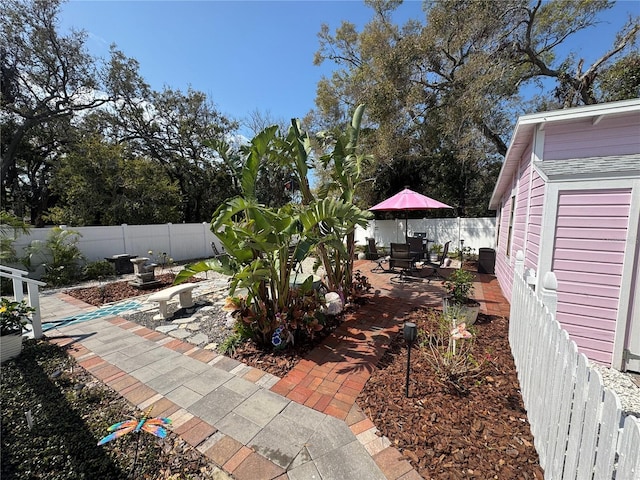 view of yard with a patio area and a fenced backyard