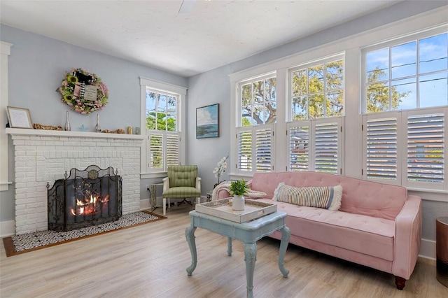 living area featuring a fireplace and wood finished floors