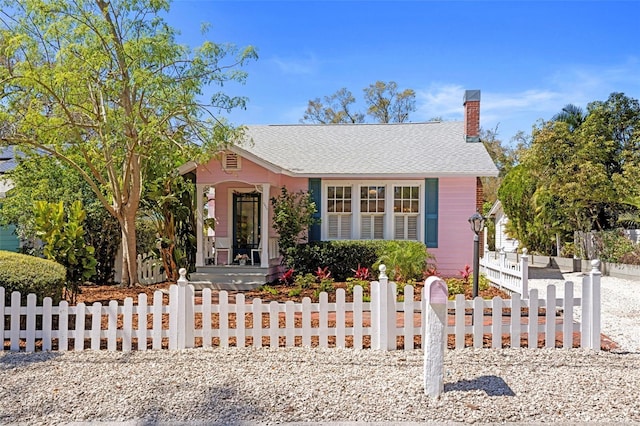 view of front of property with roof with shingles, a fenced front yard, and a chimney