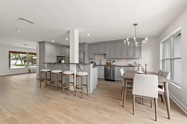 kitchen with a breakfast bar area, visible vents, gray cabinets, appliances with stainless steel finishes, and tasteful backsplash