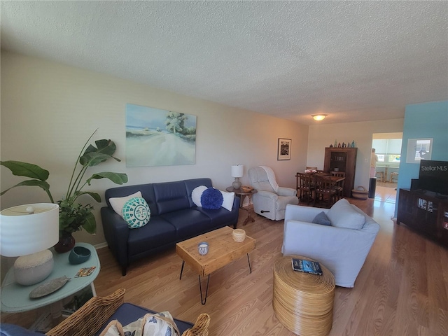 living area with a textured ceiling and wood finished floors