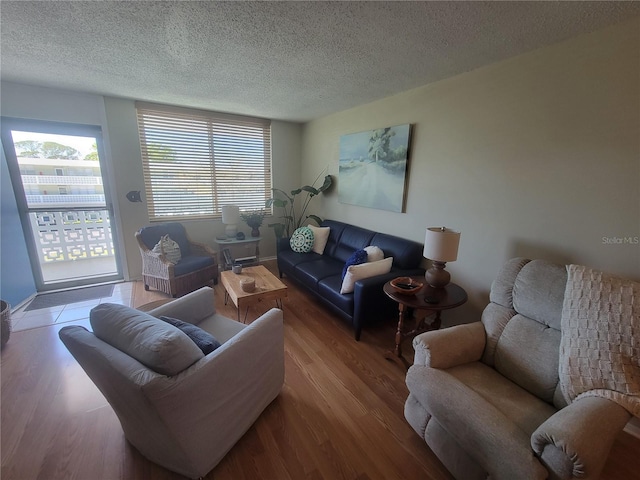 living area featuring a textured ceiling and wood finished floors