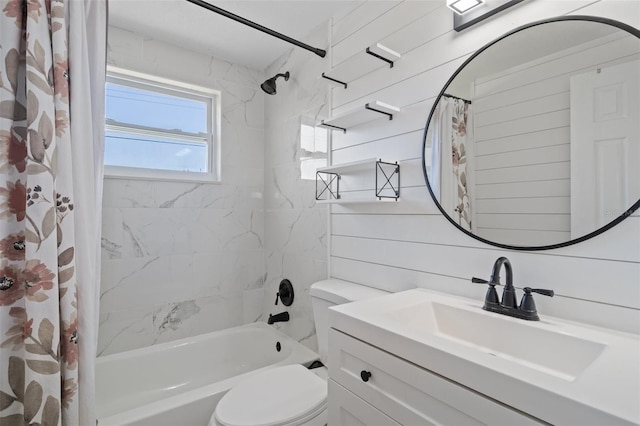 full bathroom featuring vanity, toilet, wood walls, and shower / tub combo with curtain