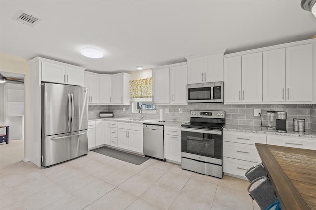 kitchen featuring visible vents, a sink, decorative backsplash, stainless steel appliances, and white cabinetry