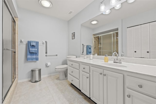 bathroom with tile patterned floors, visible vents, toilet, and a stall shower