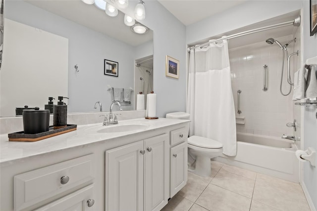 full bath with shower / bathtub combination with curtain, toilet, vanity, and tile patterned flooring