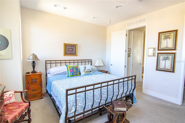 bedroom with recessed lighting, carpet flooring, visible vents, and baseboards