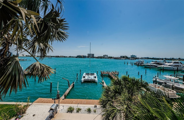 view of dock with a water view