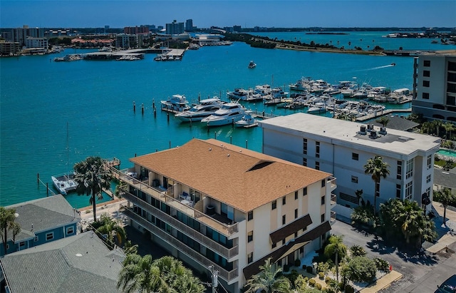 drone / aerial view with a water view and a city view